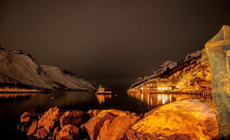 waterfront, scenics - nature, Night, mountain range, winter, rock - object, river, lake, 2K, mountain, dock, reflection, Fjord, architecture, Port, illuminated