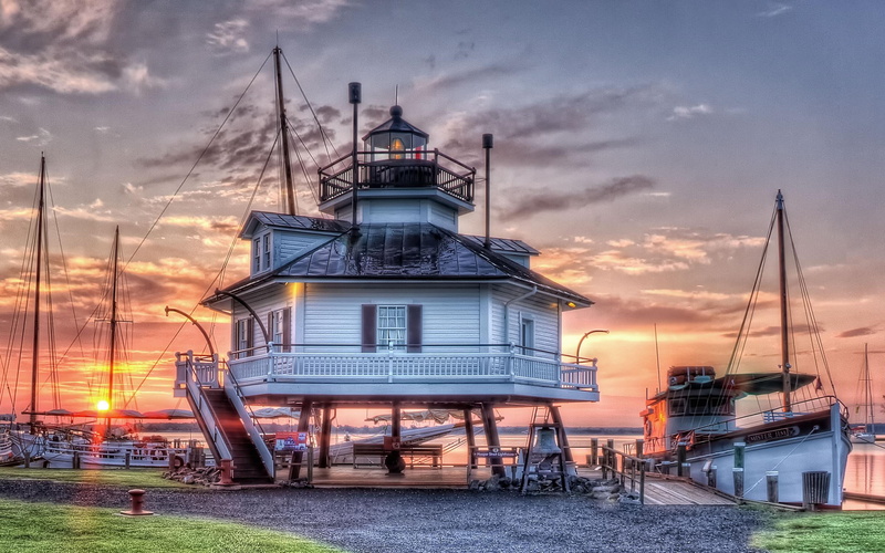 strait, animals, 2K, hooper, harbor, sunset, lighthouse, boats, lovely
