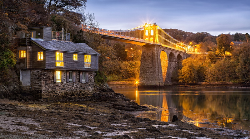 Wales, The Menai Strait, Strait, bridge, Menai Bridge, house, England, trees, 5K, Menai Strait