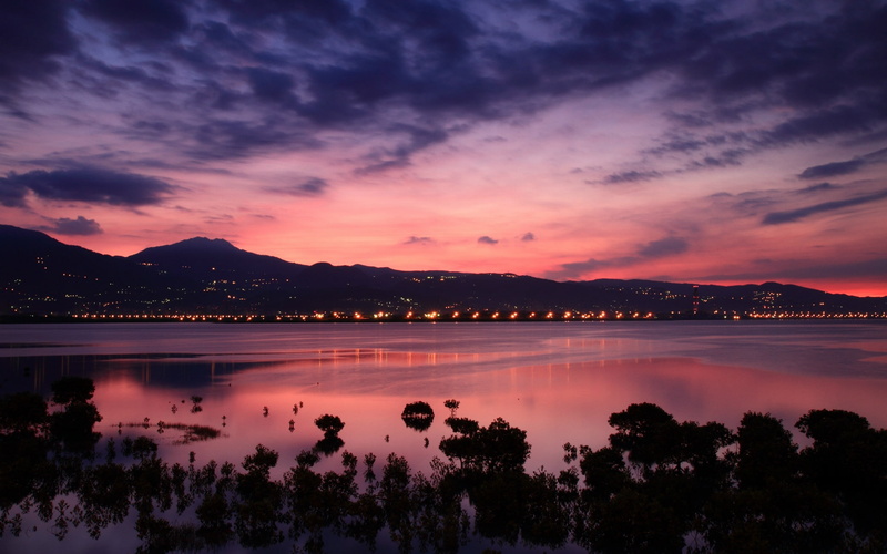 lights, Sunrise, Strait, Clouds, Sky, China, Coast, city, Dawn, 1080P, Taiwan, Pink