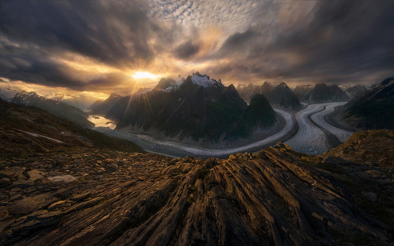 glaciers, sunset, mountain, peak, nature, snowy, alaska, clouds, snowy peak, 1080P
