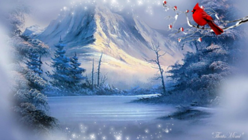 mountains, snow, river, winter, landscape, cardinal, 1080P