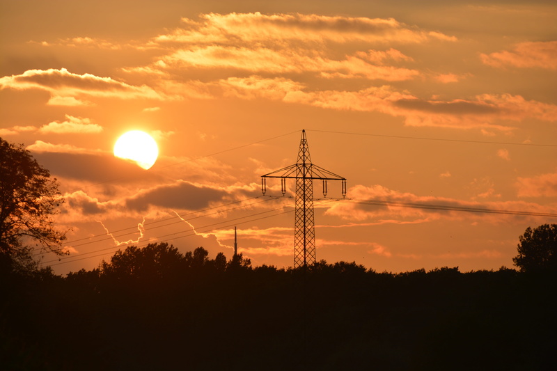 scenics - nature, electrical equipment, electricity, nature, cloud - sky, fuel and power generation, connection, cable, power poles, orange color, no people