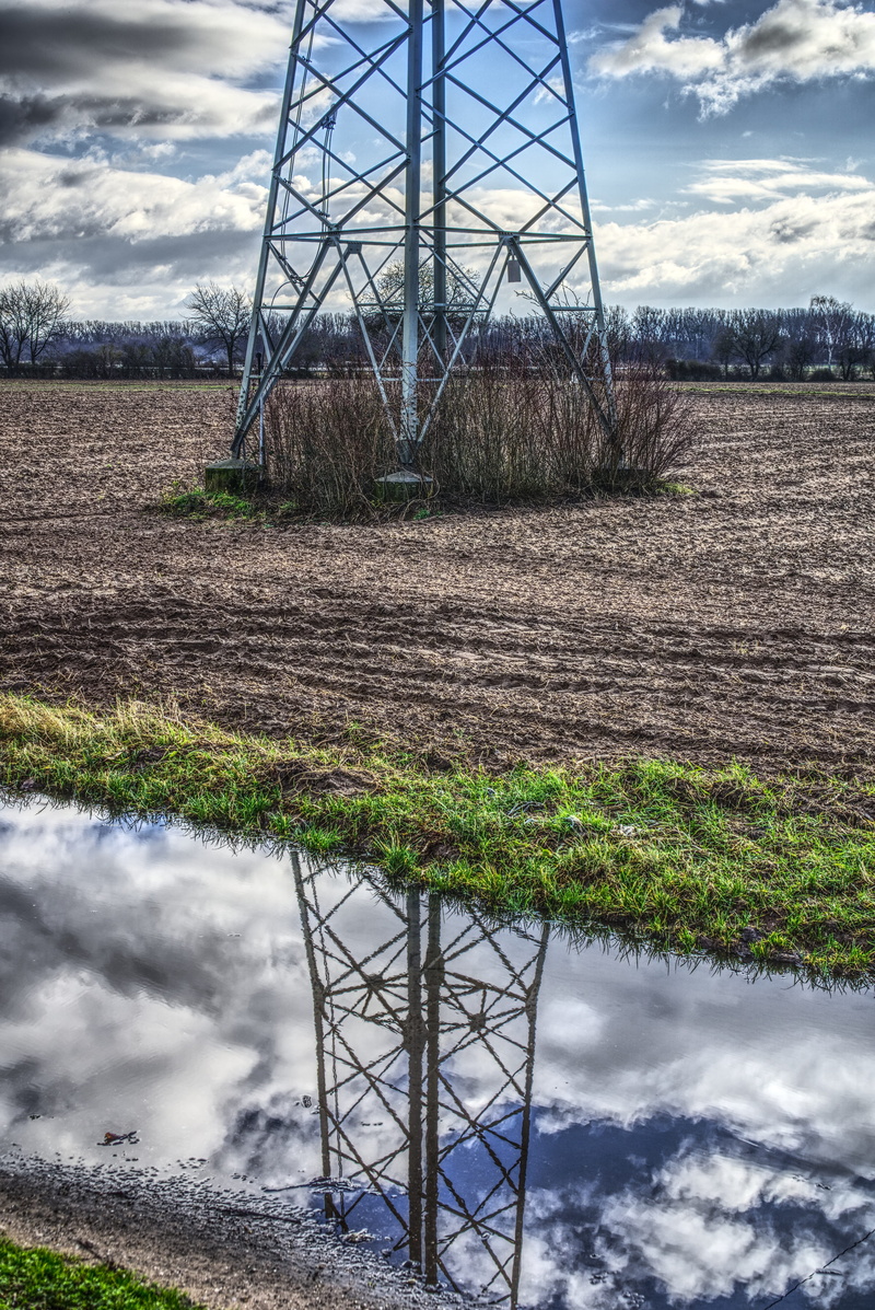 sky, masts, day, line, no people, power supply, built structure, tower, land, power line, cloud - sky, water, wires, outdoors, mirroring, hdr, plant, metal
