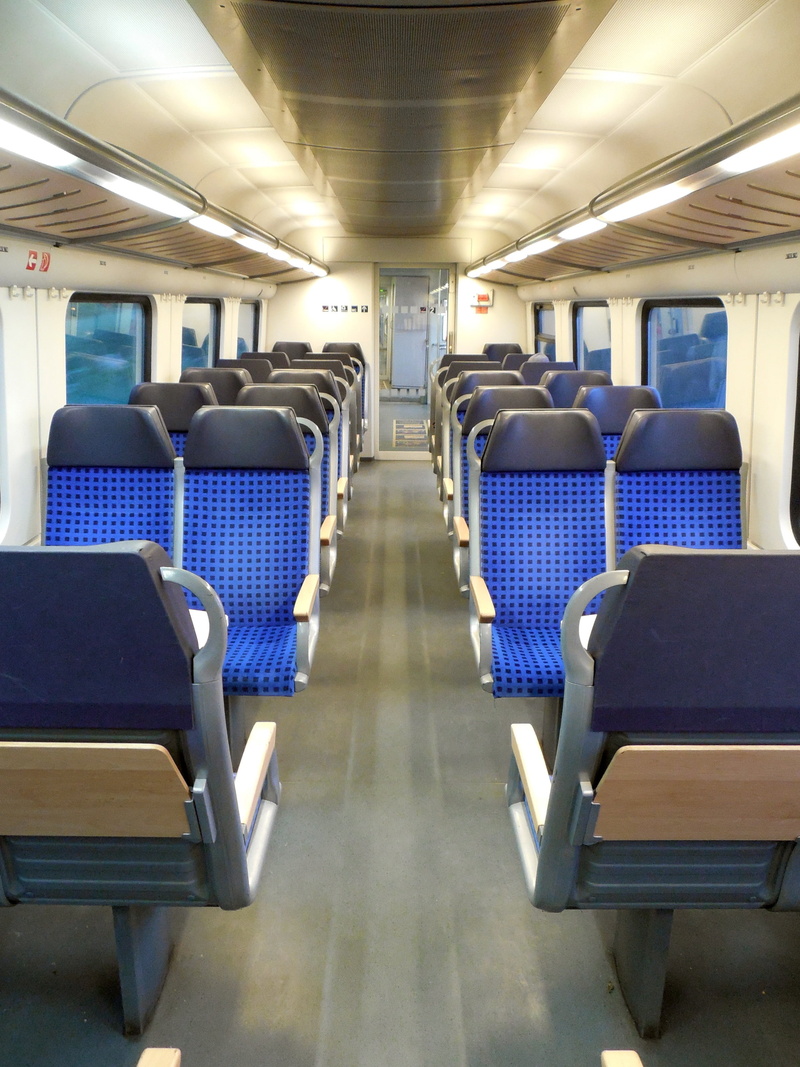 diminishing perspective, transportation, wagon, travel, illuminated, indoors, deutsche bahn, on the go, empty, air vehicle, blue, no people, mode of transportation