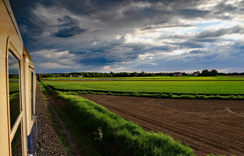 tranquil scene, abendstimmung, plant, outdoors, rail traffic, travel, sunset, Train, environment, no people, farm, beauty in nature, twilight, Railway