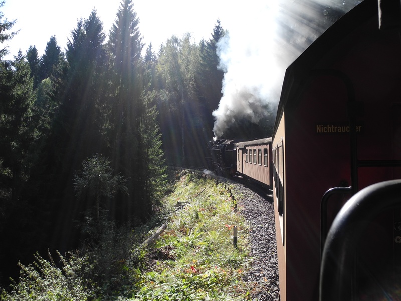 public transportation, outdoors, transportation, tree, loco, zugfahrt, smoke - physical structure, no people, steam train, day, air pollution, sky, sunbeam
