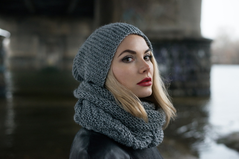 red lipstick, Oleg Chumovoy, cold temperature, beautiful woman, focus on foreground, clothing, one person, adult, 1080P, winter, young women, brown eyes