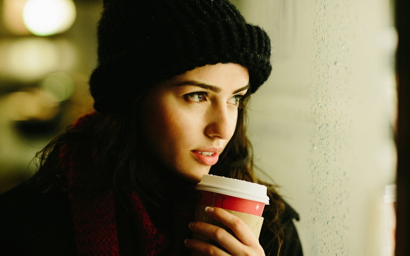 woolen, tumbler, women outdoors, scarf, 1080P, brown eyes, lips, night