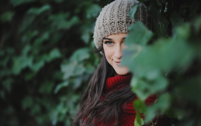 woolen, long hair, brunette, women, hair, 1080P, nature, scarf, smiling, long