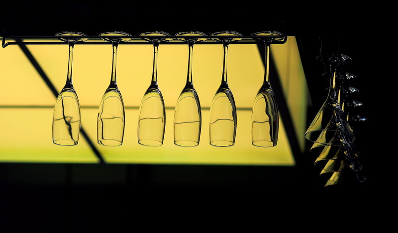 stemmed, shiny, green, martini, glass, bar, restaurant, light, illuminated, no people, wood - material, lighting equipment, wine, side by side, hanging
