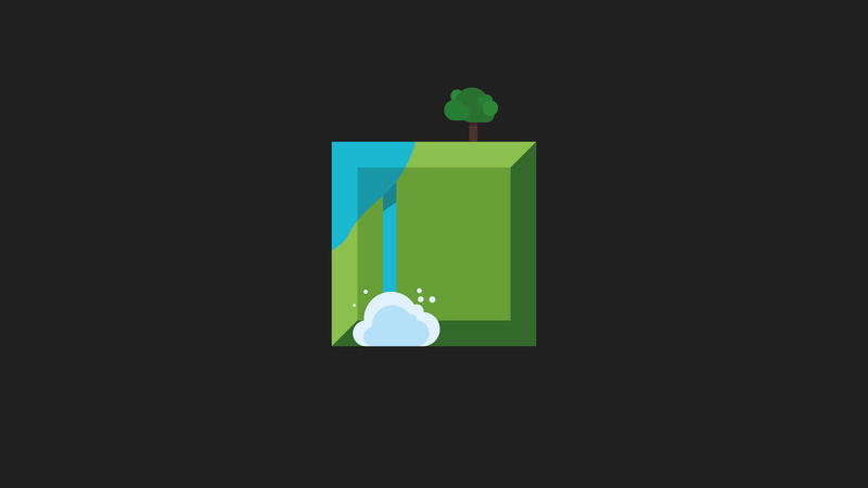 8K, material style, square, waterfall, oak trees, water, minimalism