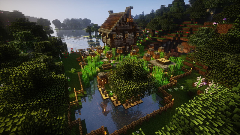grass, video games, 1080P, forest, Minecraft, water, farm, house, oak trees