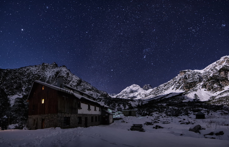 light, Rila mountain, stars, Malyovitsa, Bulgaria, Malyovitsa Chalet, snow, 1080P, the sky, winter