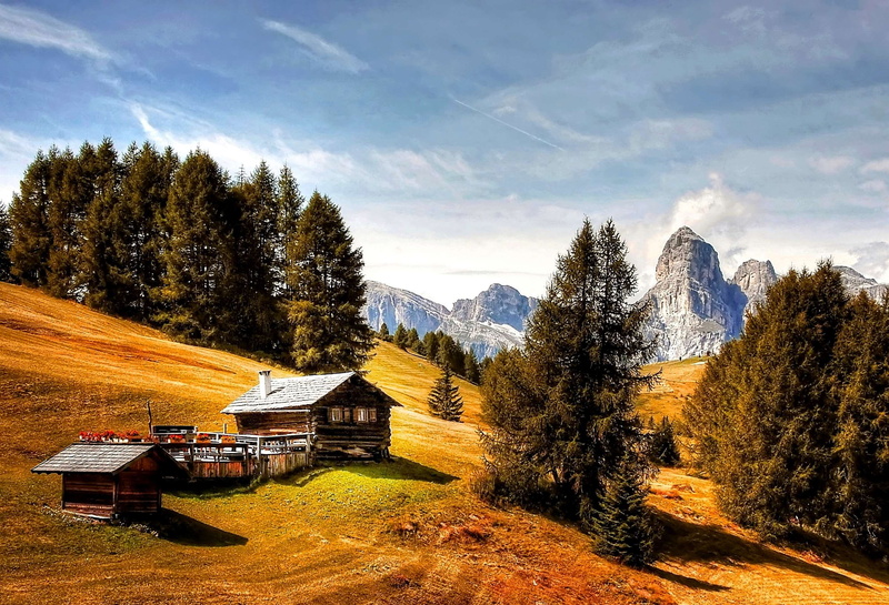 nature, dolomites, land, evergreen, alm, adventure, sky, scenic, valley, day, cloud - sky, chalet, grass, built structure, non-urban scene, light, environment