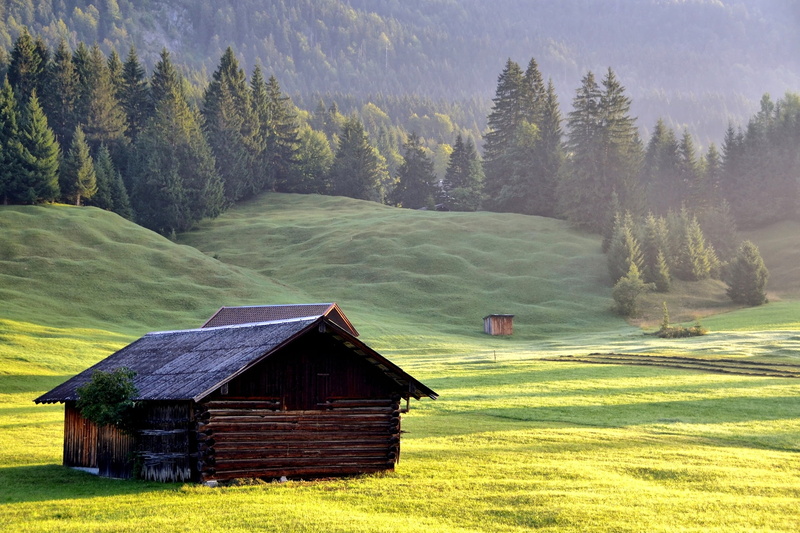 europe, old, building exterior, mountain Range, mountain, architecture, hut, cabin, relief, forest, woodland, agriculture, summer, green Color, lighting