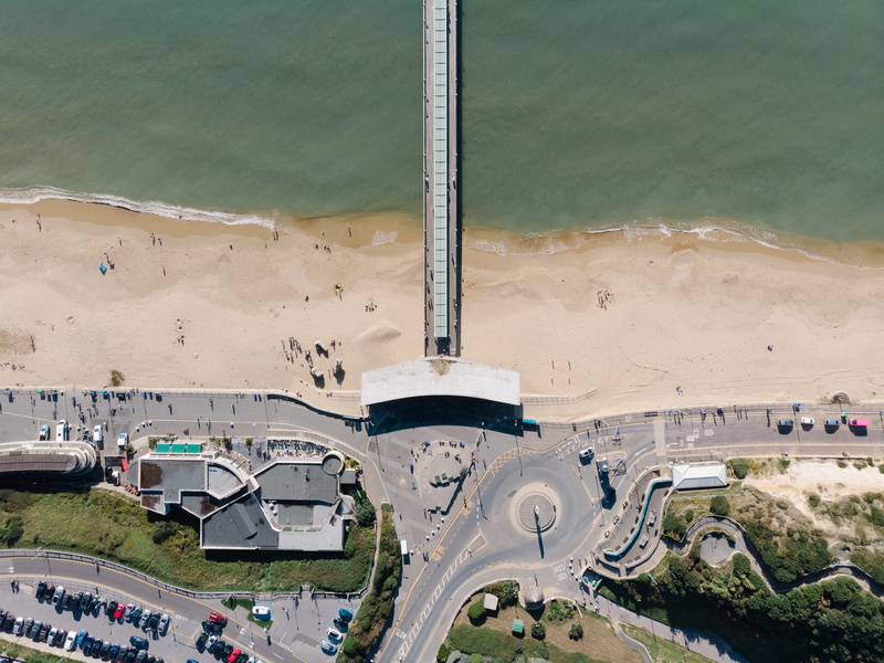 aerial view, shoreline, car, boat, building exterior, outdoors, 4K, vehicle, tower, built structure, travel, bournemouth, concrete, boscombe promenade