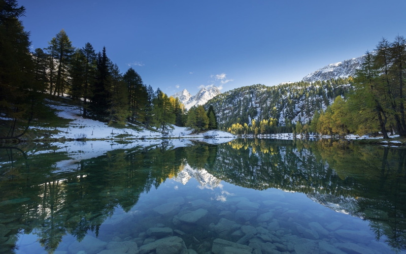 symmetry, Alps, tranquil scene, mountain, outdoors, snow, non-urban scene, beauty in nature, day, mountains, scenics - nature, lake, no people, sky, tranquility