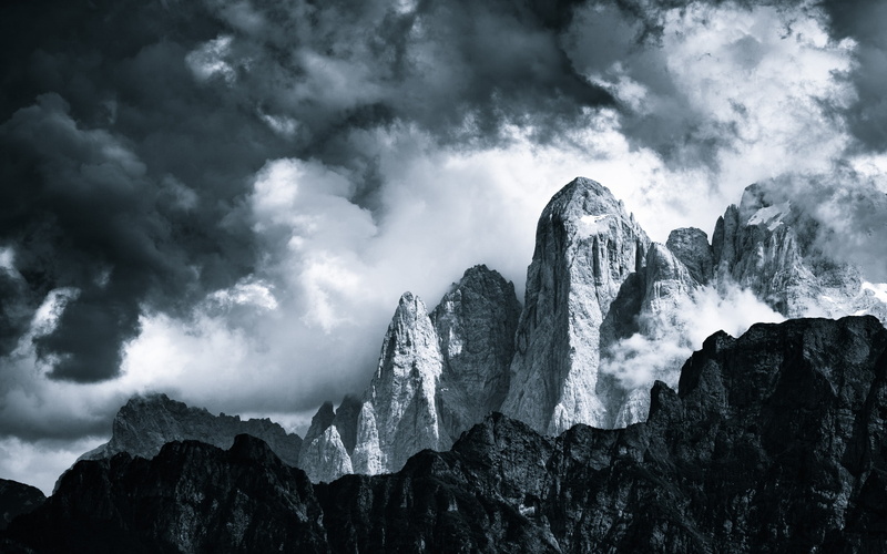 gray, white, monochrome, landscapes, 2K, black, clouds, sky, mountains, mountain, nature, rock