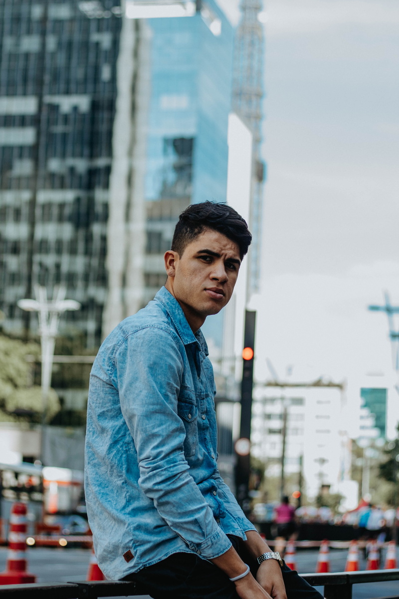focus on foreground, real people, s, good-looking, model, photoshoot, three quarter length, road, pose, built structure, wear, men, day, city, sao paulo