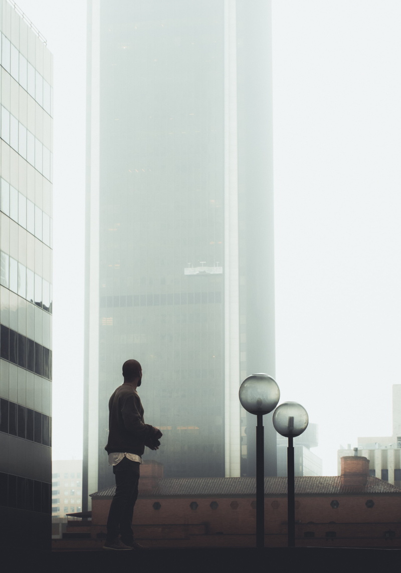 skyscraper, built structure, glass - material, near, men, wall, nature, standing, sony a7s ii, daytime, architecture, rear view, light, curtain, urban