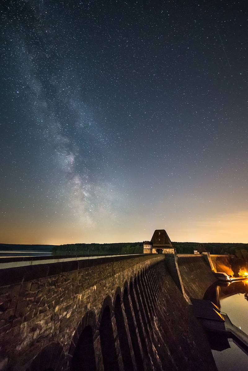 beauty in nature, sky, architecture, energy, stars, dam, star field, star, panorama, 1080P, science, constellation, galaxy, power plant, infinity, möhnesee