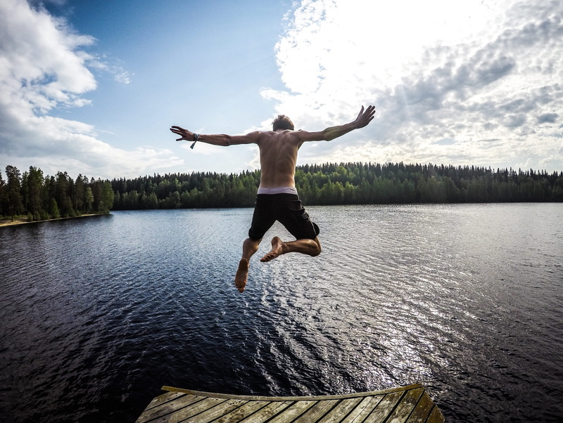 lake, body, vitality, male, mid-air, human body part, human arm, shirtless, arms outstretched, cloud - sky, arms raised, guy, forest, outdoors, freedom