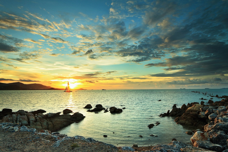 tranquility, cloud - sky, lot, land, scenics - nature, sunset, HDR, rock, Earth, orange color, beach, horizon over water, tranquil scene, solid, 1080P