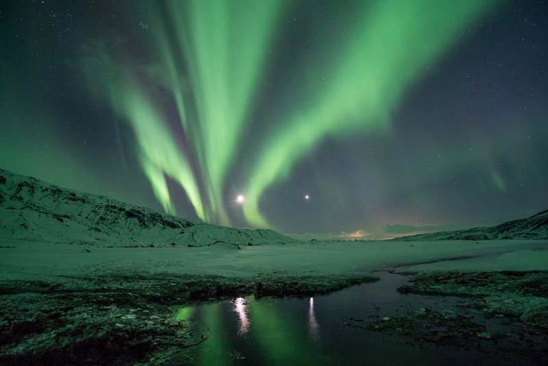 natural phenomenon, landscape, green color, scenics - nature, mountain, water, night, space, astronomy, sky, luminosity, reflection, snow, nature, dramatic landscape