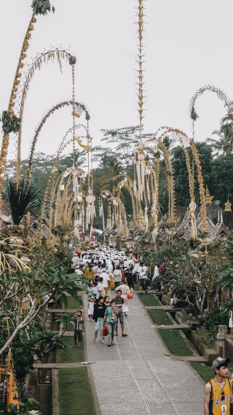 spire, amusement park, crowd, people, person, arbour, day, tree, arecaceae, outdoors, grey, clear sky, group of people, urban, women, penglipuran village