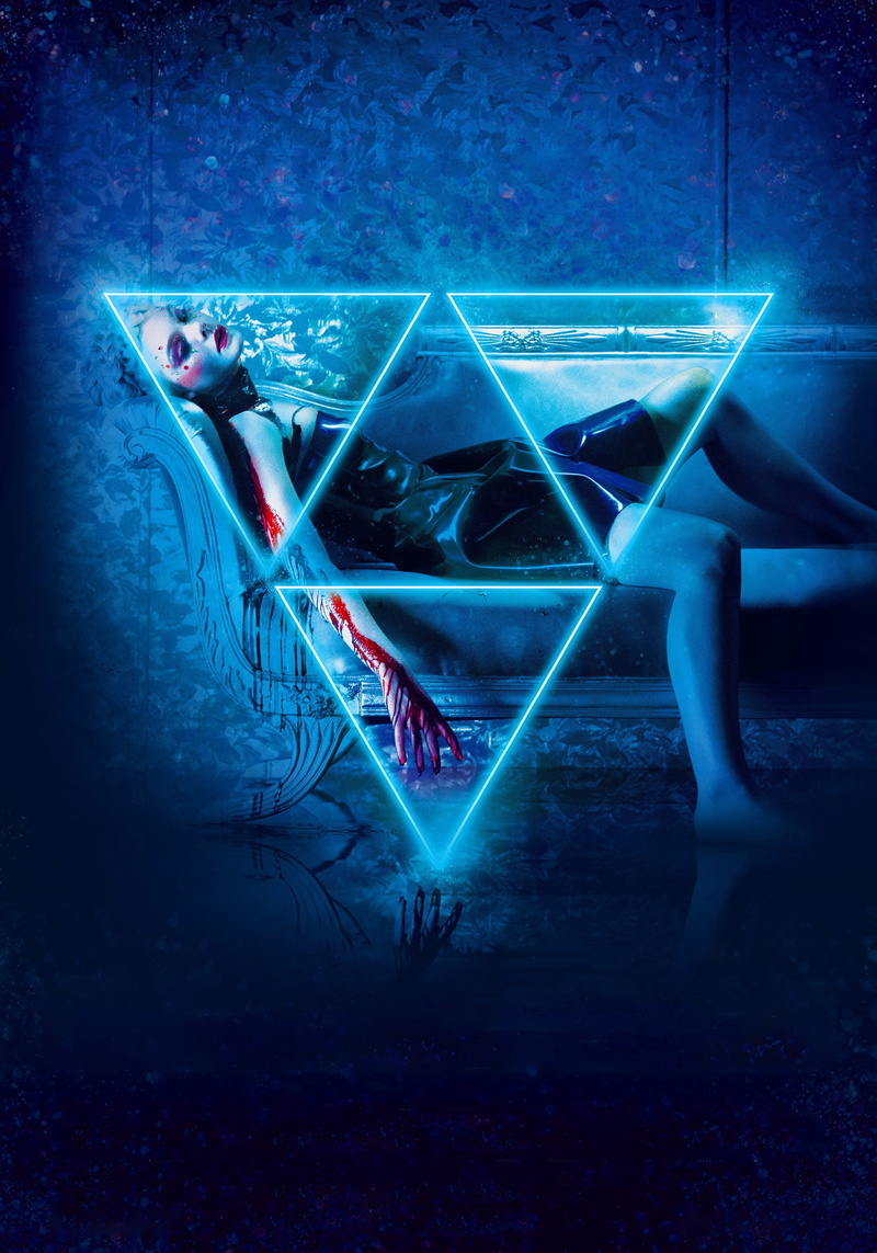 movie poster, 2K, laser, blue, sea, night, nature, human body part, full length, illuminated, digital composite, The Neon Demon, one person, indoors, adult