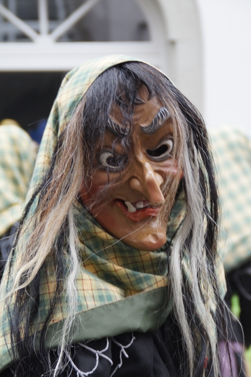 one person, focus on foreground, women, wooden mask, long hair, haes, customs, real people, fools jump, strassenfasnet, figure, looking at camera, happiness