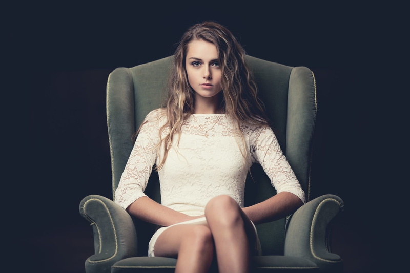 beautiful woman, 1080P, princess, contemplation, hairstyle, indoors, portrait, young women, beauty, white dress, casual clothing, Queen , looking at camera