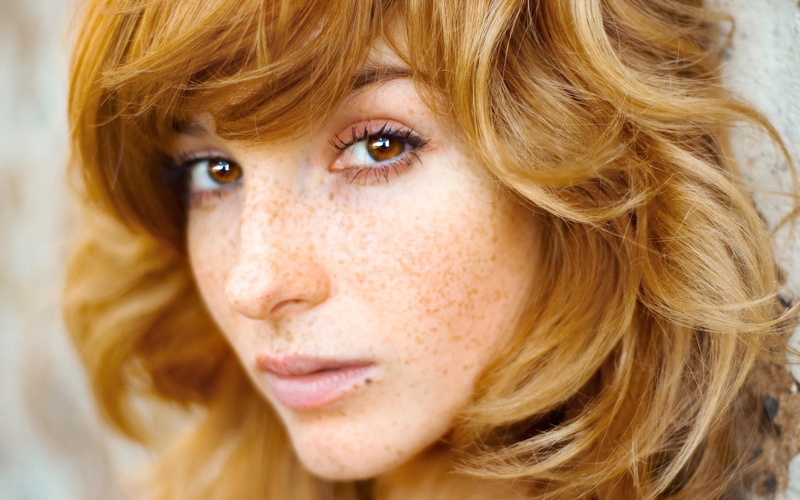 teenager, actress, bangs, human body part, dyed red hair, brown eyes, looking at camera, blond hair, human hair, 2K, women, freckle, portrait, beautiful woman