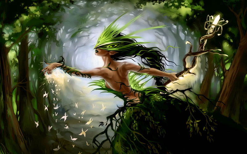 green, hd, painting, sylvan, 2K, black, woman, dress, fantasy