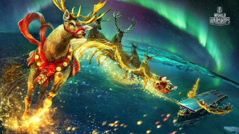 new year, gifts, ship, flight, the rise, Northern lights, sea, deck, fantasy, the carrier, deer, sleigh, Santa Claus, 1080P, World Of Warship