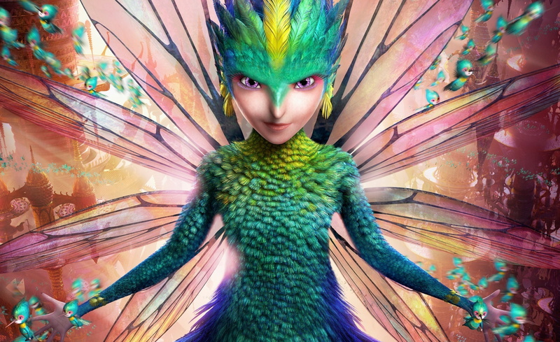 fairy, animal wildlife, close-up, peacock feather, Cartoons, (2012), indoors, peacock, looking at camera, green color, Others, multi colored, front view