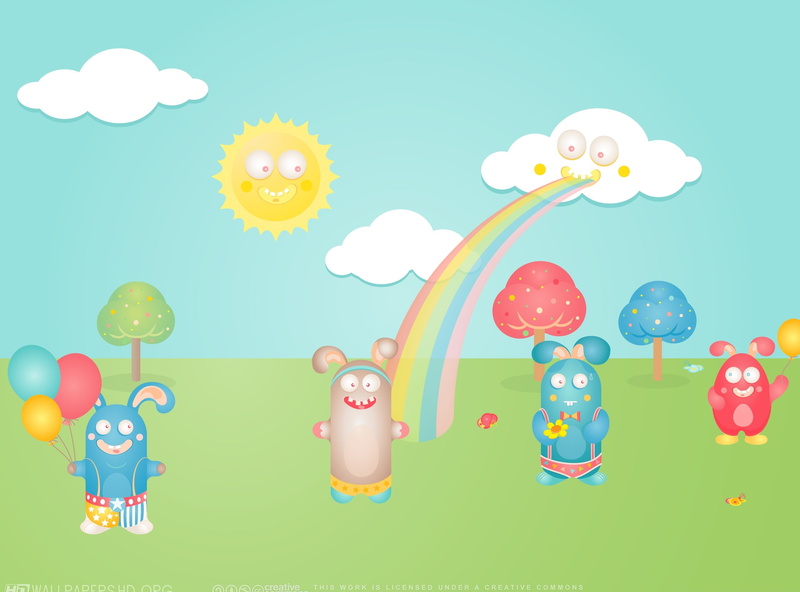 Cartoons, yellow, digital composite, colorful, sun, rainbow, happy, offspring, sky, cloud - sky, the fitzroy rabbits, bunnies, illustration, Cute, childhood