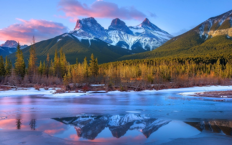 scenics - nature, outdoors, frost, mountain peak, nature, tranquil scene, non-urban scene, river, reflection, beauty in nature, tree, Canada, snowcapped mountain