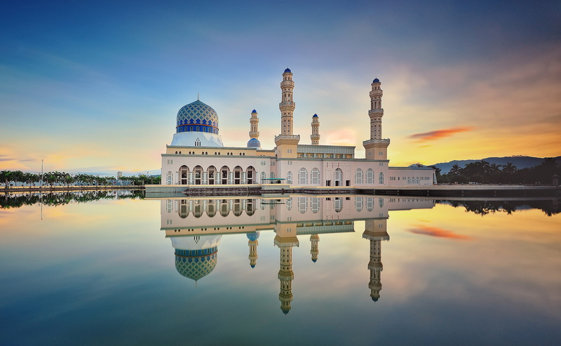 Malaysia, Likas Bay, clouds, the Likas mosque, Kota Kinabalu city Mosque, morning, sand road, reflection, mirror, 1080P, Sabah