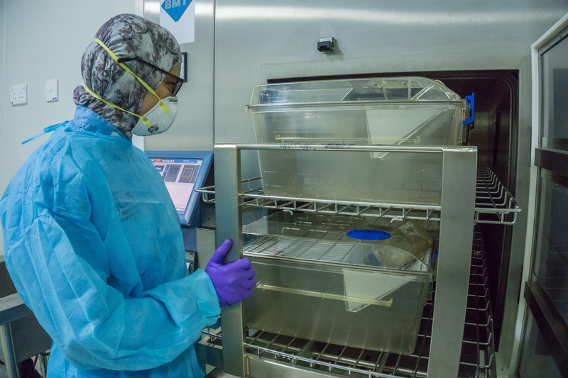 manufacturing equipment, surgical glove, occupation, industry, only women, standing, animal containment facility, facility, protection, one person, biosafety