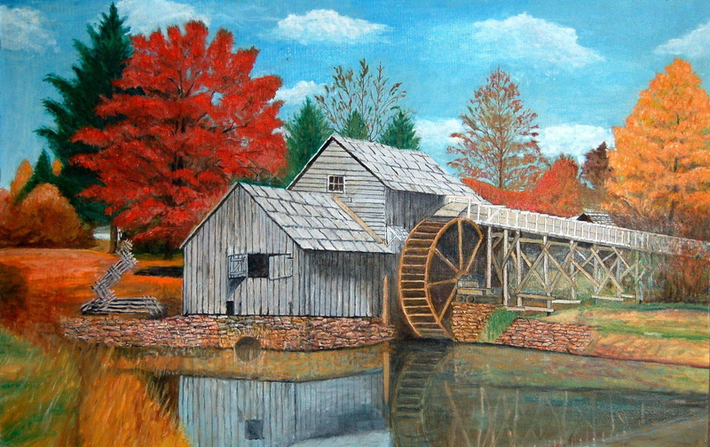 animals, wheel, gray, near, autumn, house, 1080P, reds, wooden, mill, body, water, pond, oranges, country, barn