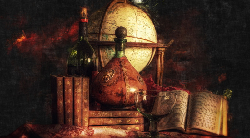 decanters, no people, time, Vintage, wall - building feature, painting, belief, place of worship, Love, container, architecture, spirituality, books, electric lamp