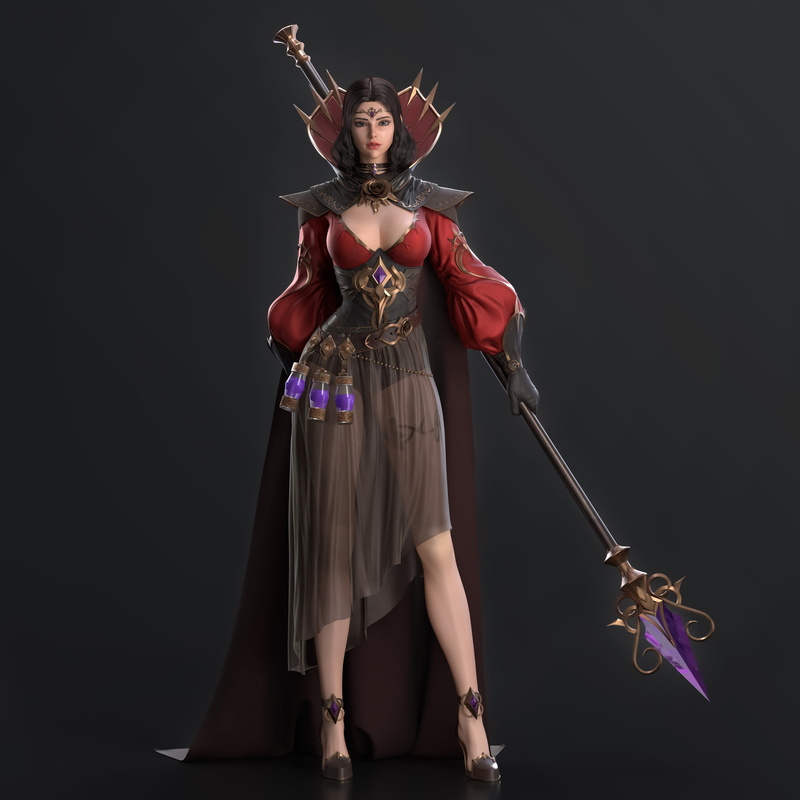 red clothing, dress, 4K, Cifangyi, CGI, robes, blue eyes, staff, potions, dark hair, weapon, women