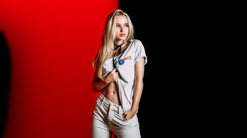 black background, standing, young adult, Dove Cameron, one person, portrait, shorts, looking at camera, women, young women, Woman, indoors, 1080P, straight hair