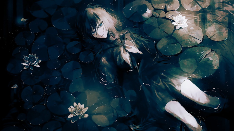 floating, solo, plant, beauty in nature, growth, nature, anime girls, leaf, lake, reflection, flower, outdoors, no people, close-up, day, plant part, floating on water