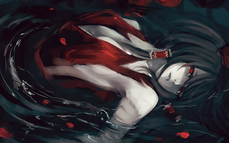 Hakurei Reimu, red, cleavage, multi colored, backgrounds, still life, bed, clothing, high angle view, indoors, 720P, nature, no people, sleeping, Touhou