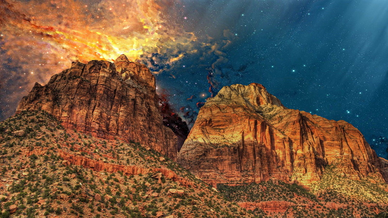 nature, no people, mountain, star - space, tranquility, physical geography, beauty in nature, travel destinations, 1080P, rock, rock formation, digital composite