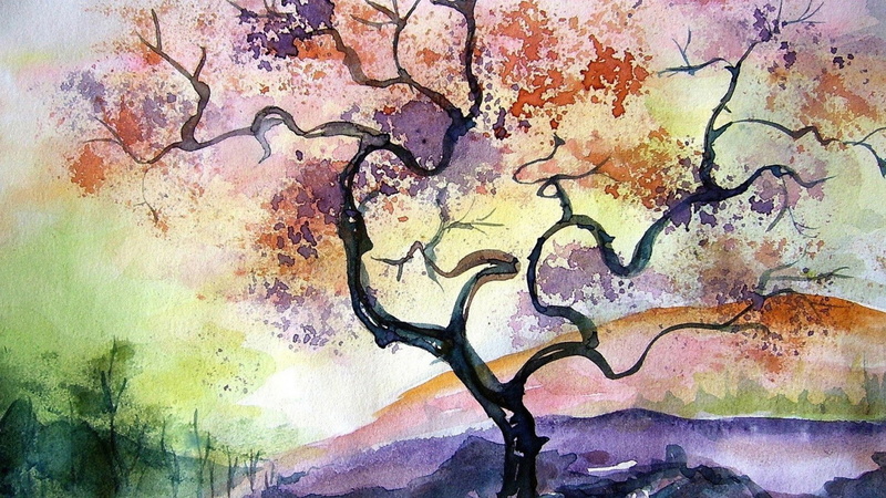 1080P, cherry blossom, artwork, landscape, warm colors, nature, trees, colorful, watercolor, painting, hills