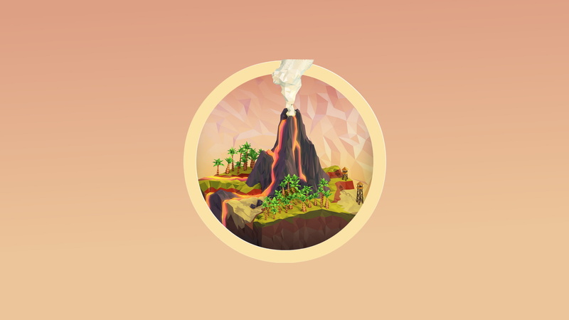 Palm Trees, Low Poly, digital art, Simple Background, eruption, volcano, Lava, smoke, nature, tower, circle, minimalism, 1080P